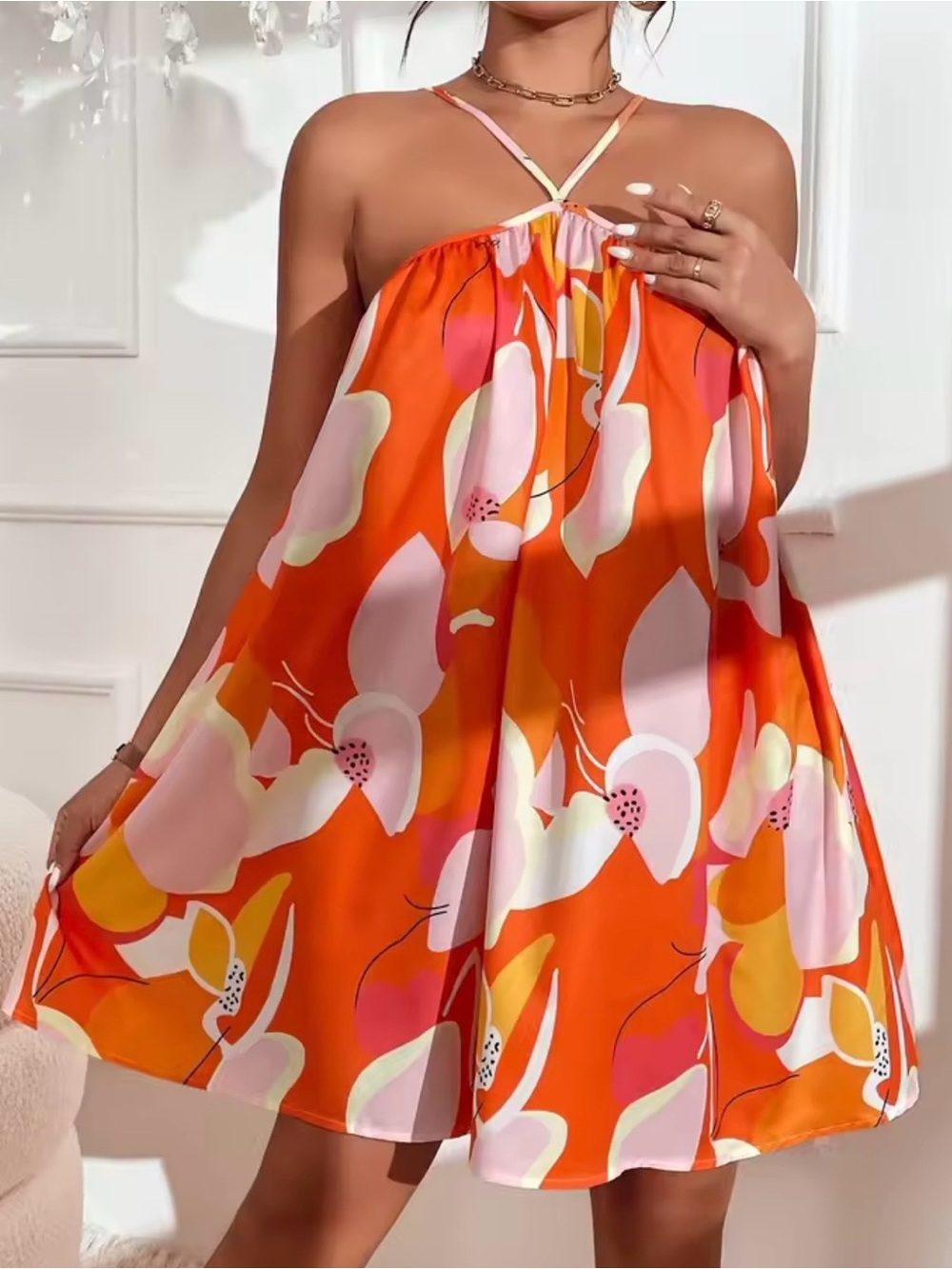 Vibrant Orange Floral Halter Mini Dress